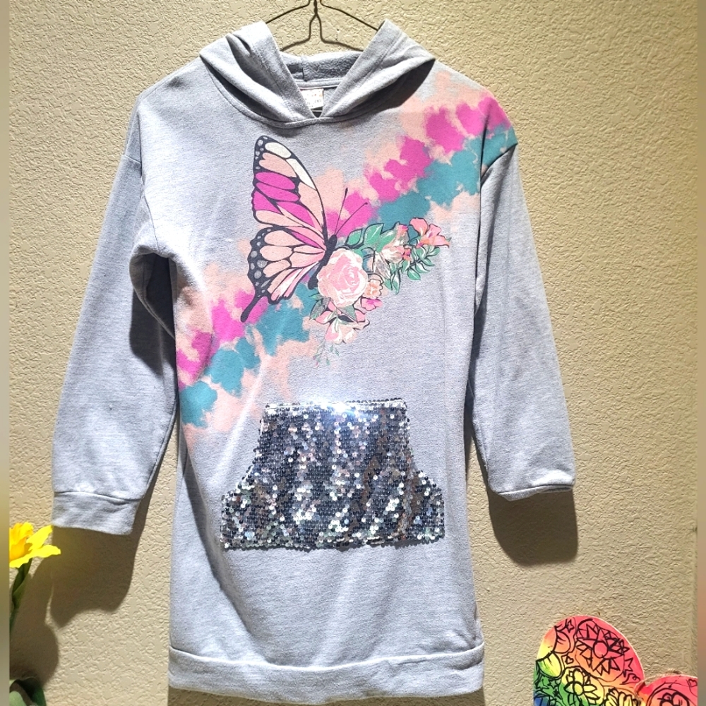 Girls lightweight butterfly sweatshirt with hoodie and sequin kangaroo pocket
